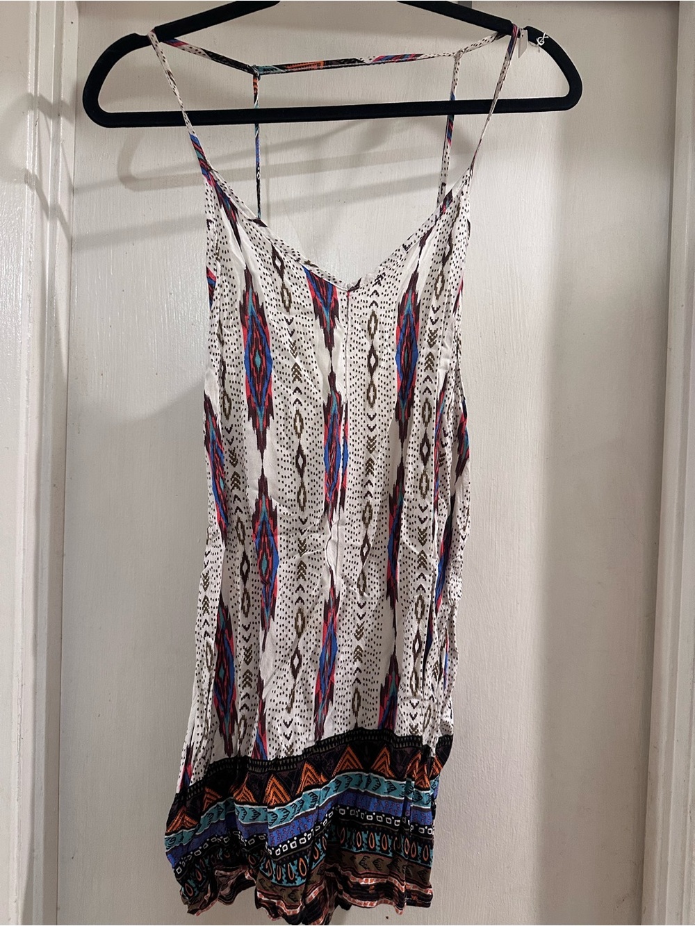Bohemian Printed Spaghetti Strap Women’s Romper- White with Multi-Color Accents